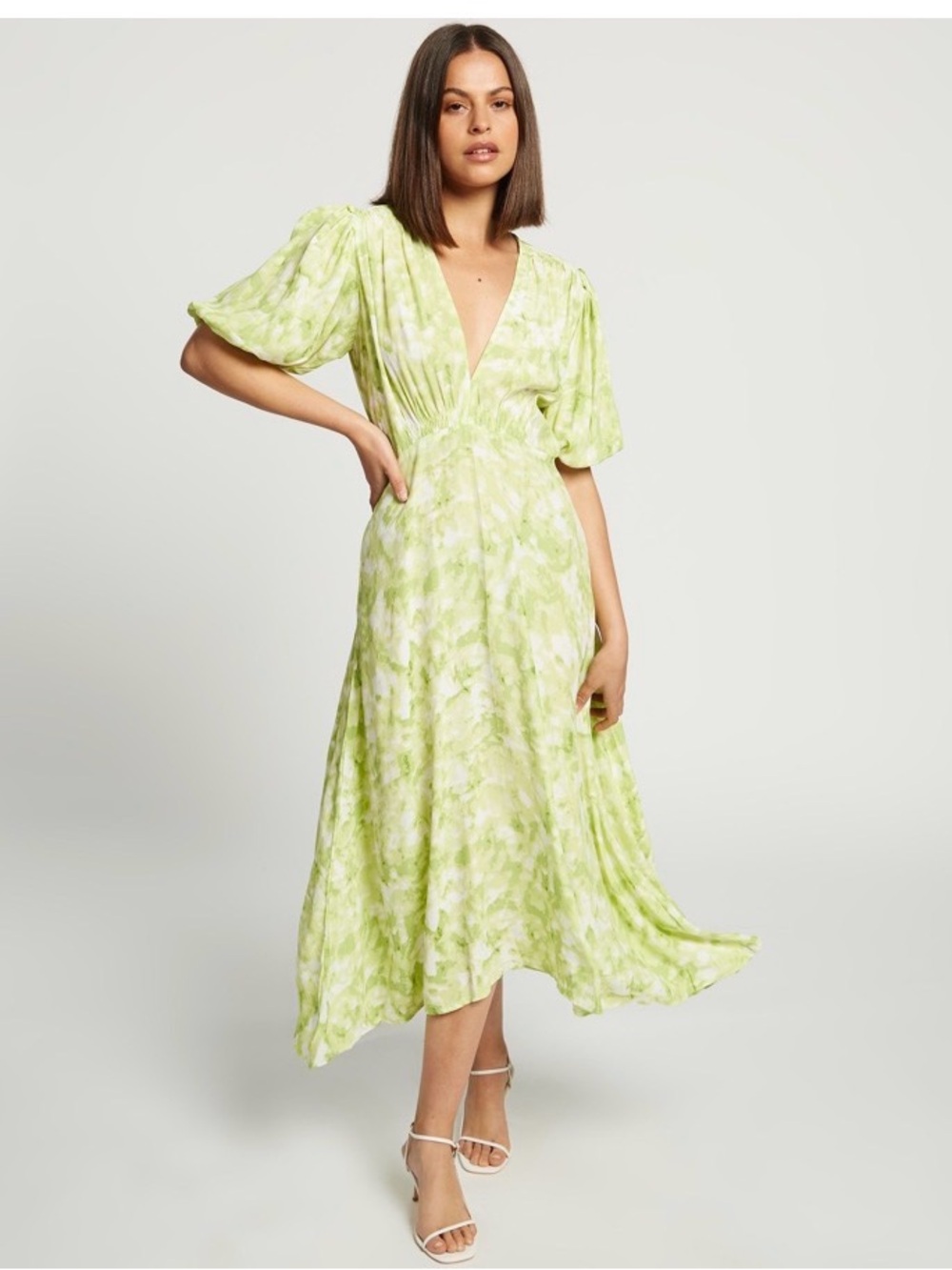 Faithfull The Brand Vittoria Midi Dress Roos Tie Dye Lime XS Puff Sleeve Bali